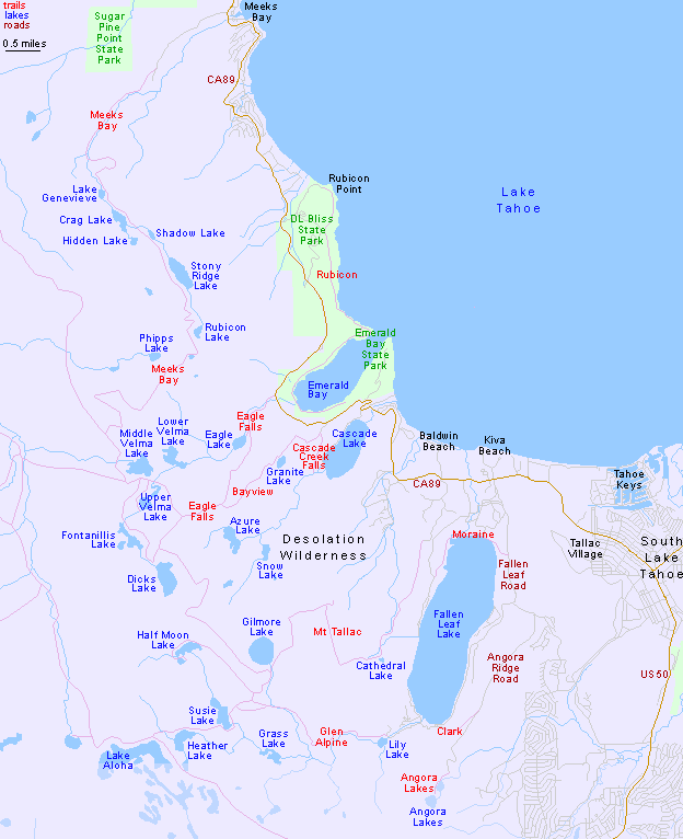 Hiking map of southwest Lake Tahoe