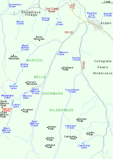 Map of Maroon Bells-Snowmass Wilderness
