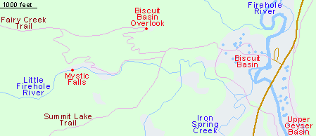 Map of the trail to Mystic Falls and Biscuit Basin Overlook