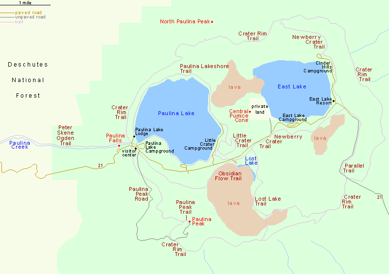 Map of the Paulina Lake/Newberry Caldera area, Newberry National Volcanic Monument