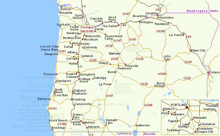 Map of towns & cities with hotels in Oregon