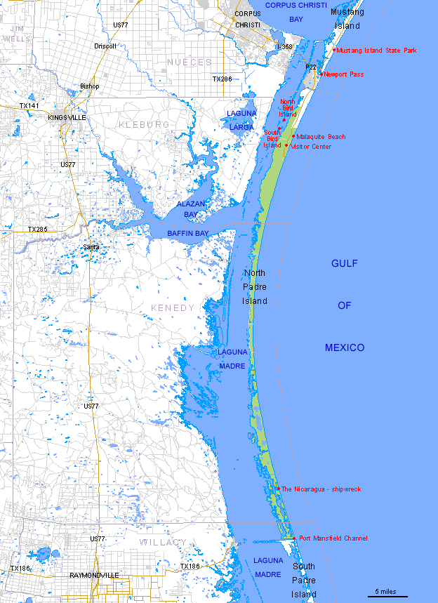 Map of Padre Island National Seashore, Texas