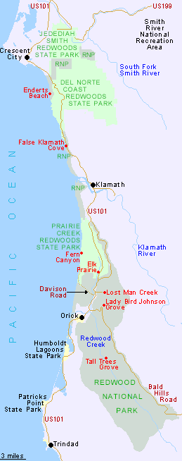 Mapa de los Parques Nacionales y Estatales de Redwood