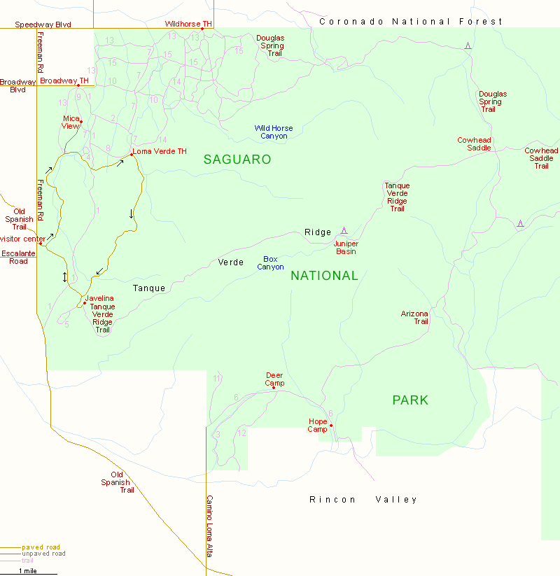 Map of the Rincon Mountain District, Saguaro National Park