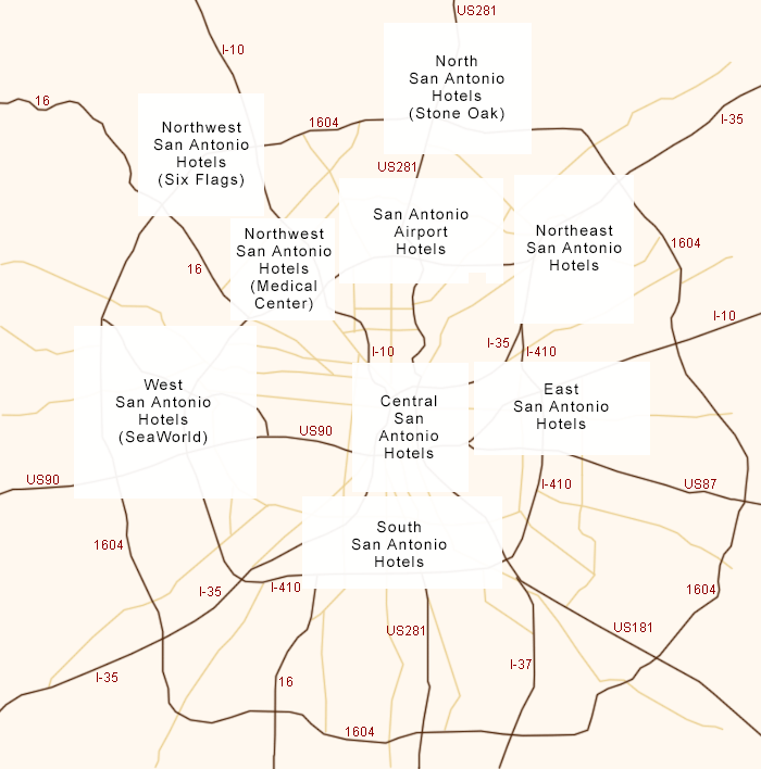 Map of hotel areas in San Antonio, TX