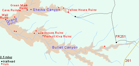 Map of Bullet and Sheiks Canyons
