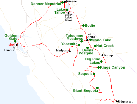 Map of the Sierra Nevada tour