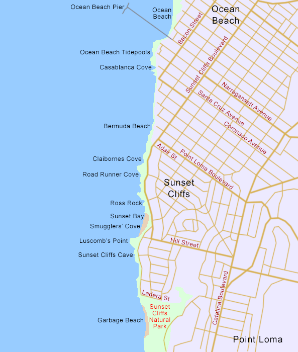 Map of Sunset Cliffs and Ocean Beach