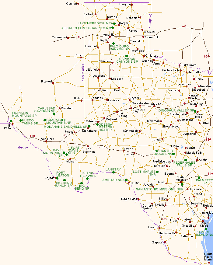 national parks in texas map Map Of Texas National Parks And Other Scenic Areas national parks in texas map