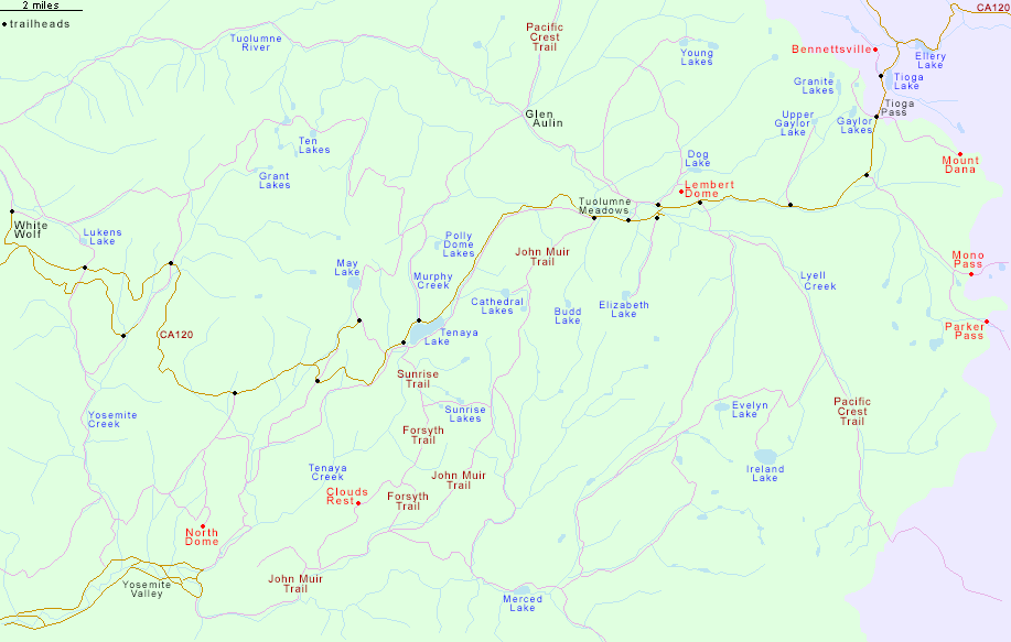 Hiking Map for Tuolumne Meadows and the Tioga Road