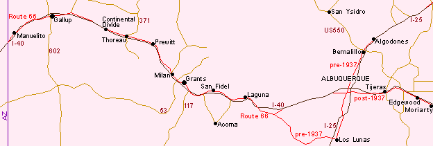 Map of Route 66 in west New Mexico