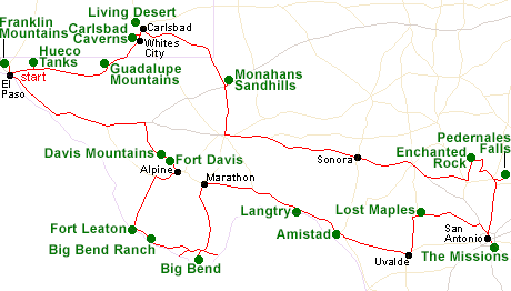 Map of the West and Central Texas tour