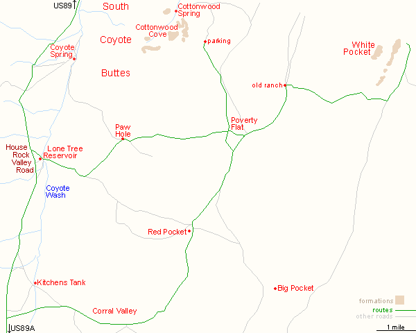 Map of driving routes to White Pocket