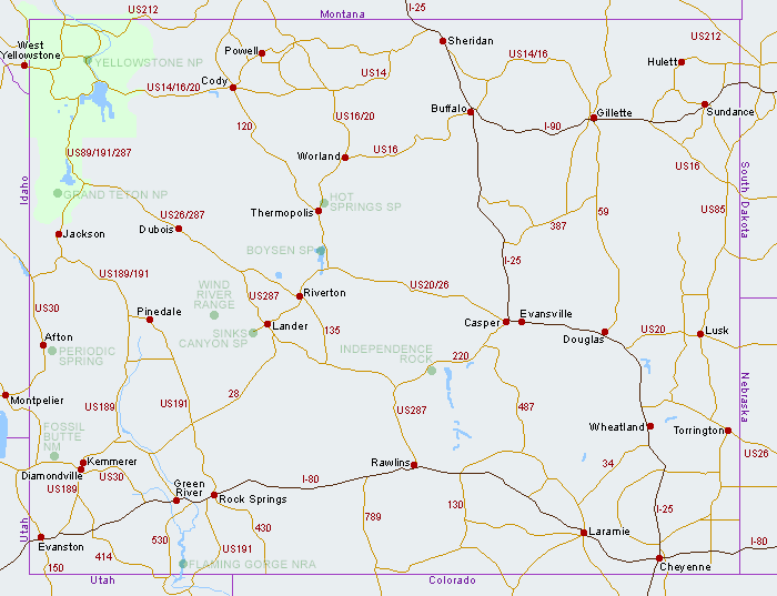Map of towns & cities with hotels in Wyoming