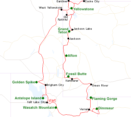 Map of the Yellowstone and North Utah tour