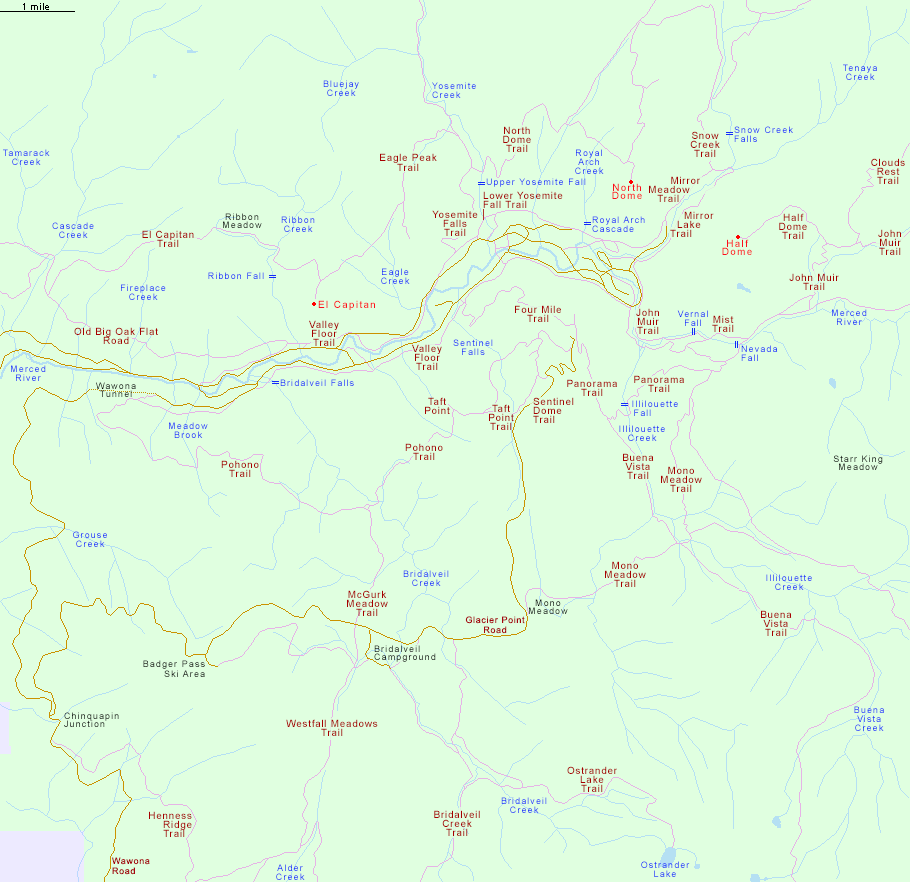 Hiking Map for Yosemite Valley and Glacier Point Road