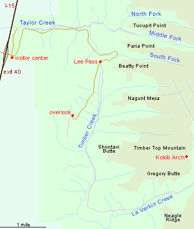Map of the Kolob Canyons area