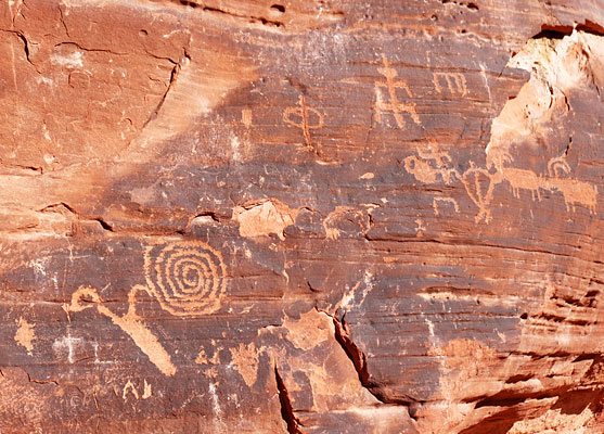 Spiral petroglyph and bighorn sheep
