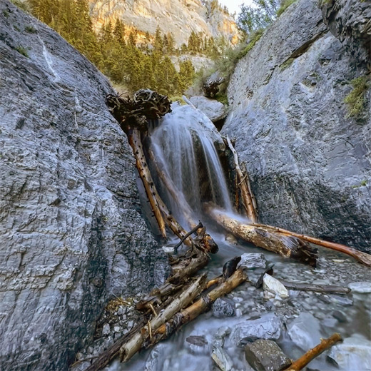 Chokestone and logs, along the stream below Big Falls