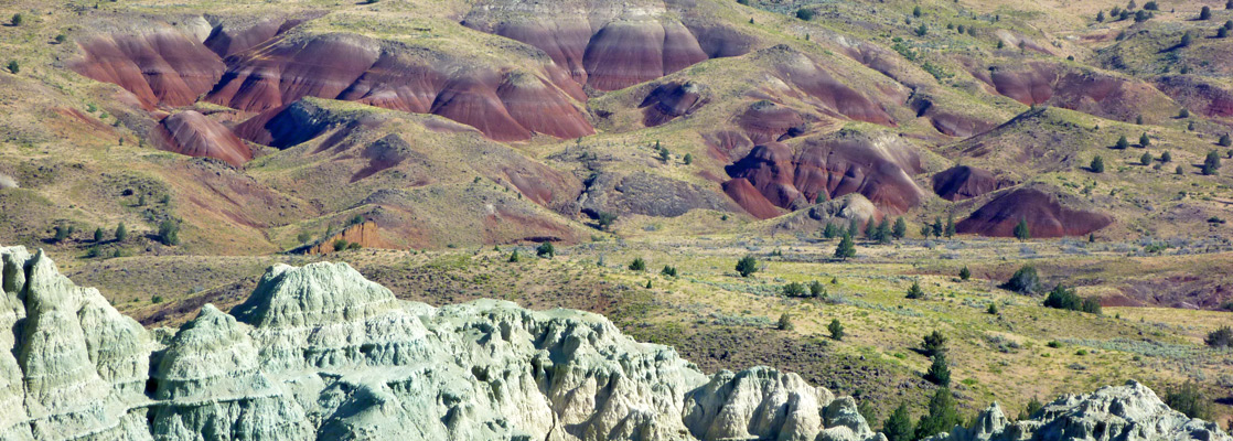 Undulating red mounds and eroded grey/blue badlands