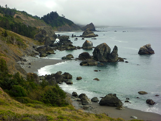 Rocks and beaches to the south