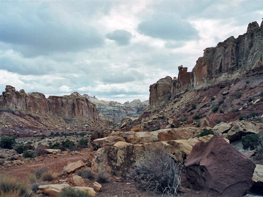 Eroded cliffs and jumbled rocks