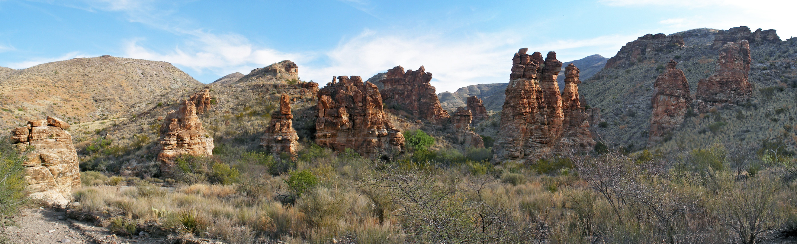 Panorama of rocks near the lower end of the canyon