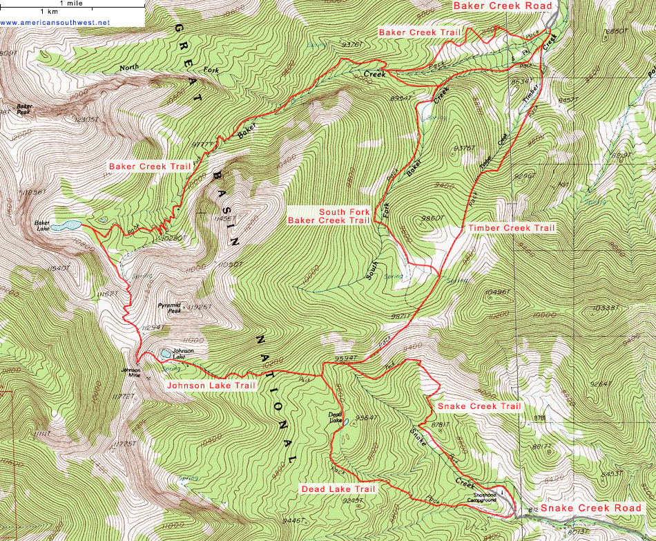 Map of the Baker Creek and Snake Creek trails