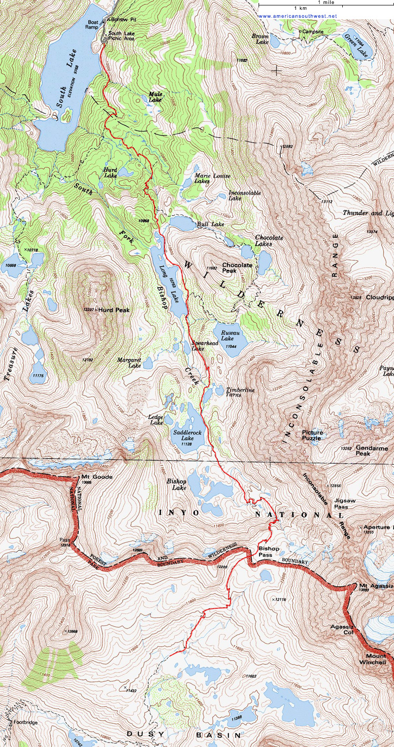 Map of the Bishop Pass Trail