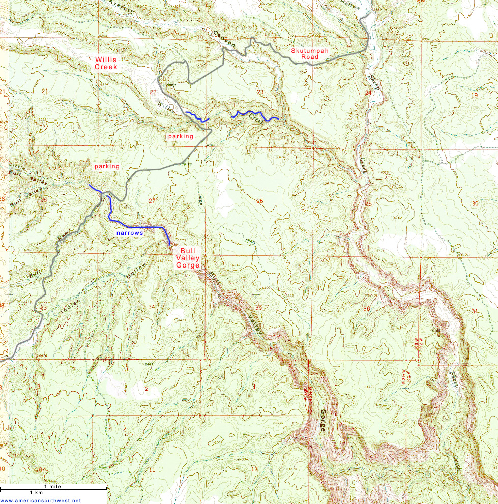 Map of Bull Valley Gorge and Willis Creek