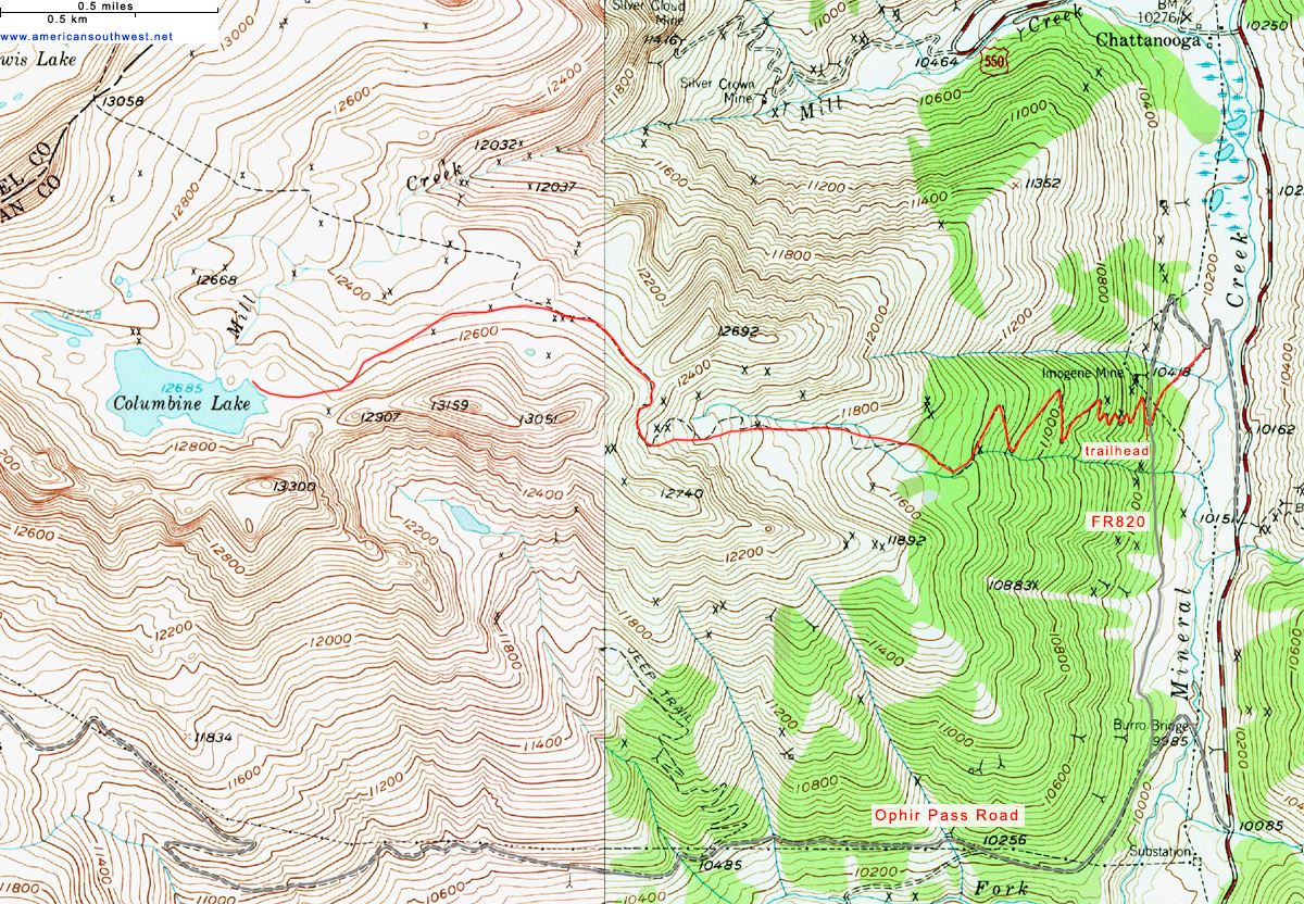 Topo Map of the Columbine Lake Trail