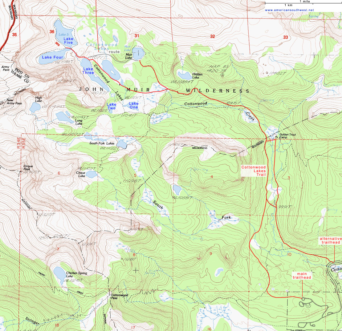 Map of the Cottonwood Lakes Trail