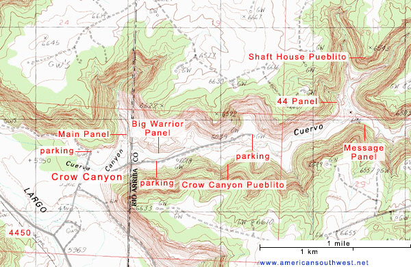 Map of Crow Canyon, showing the petroglyph locations
