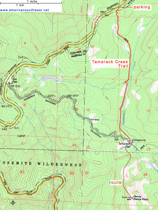 Topographic Map of the Tamarack Creek Trail and Devils Dance Floor
