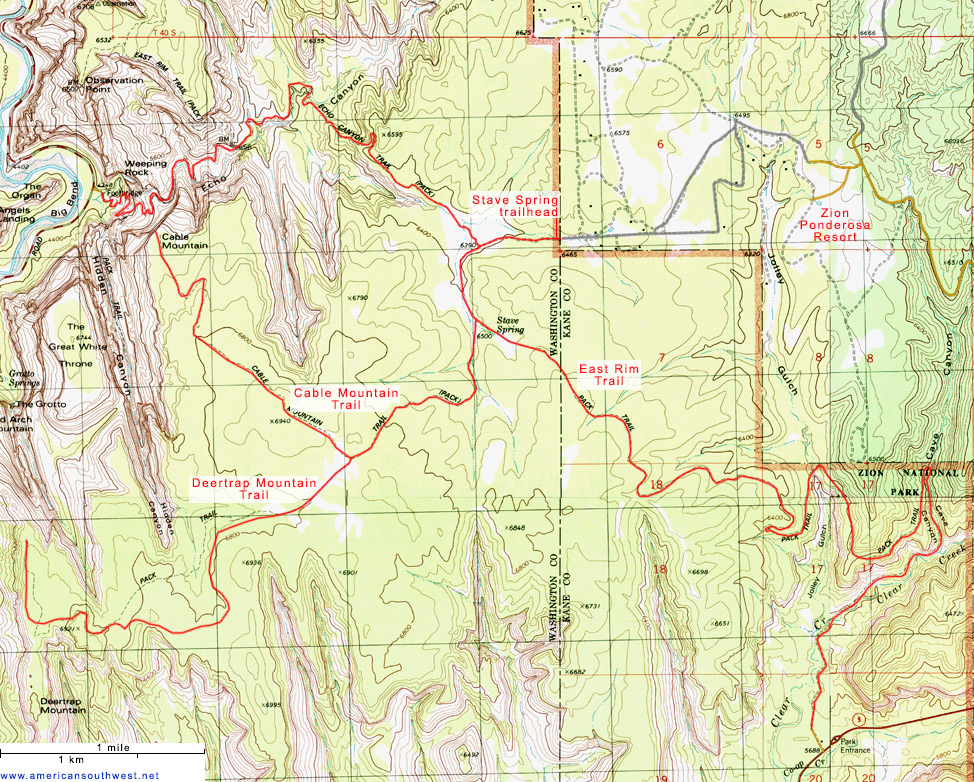 Topographic Map of the East Rim Trail, Zion National Park
