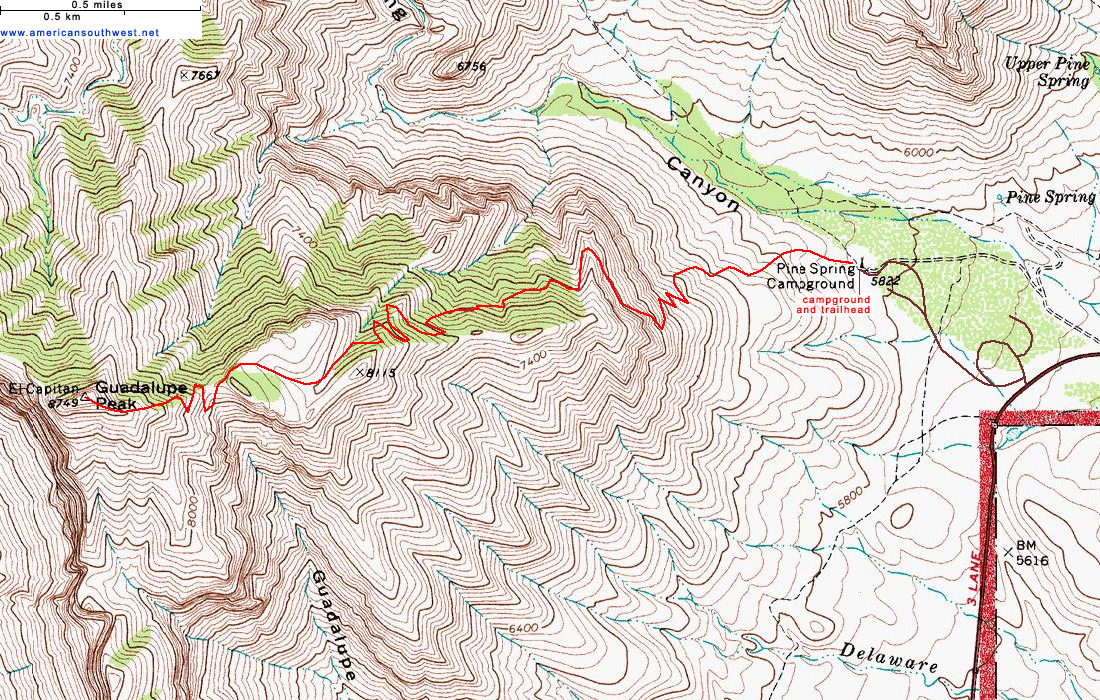 Topographic Map of the Guadalupe Peak Trail, Guadalupe Mountains