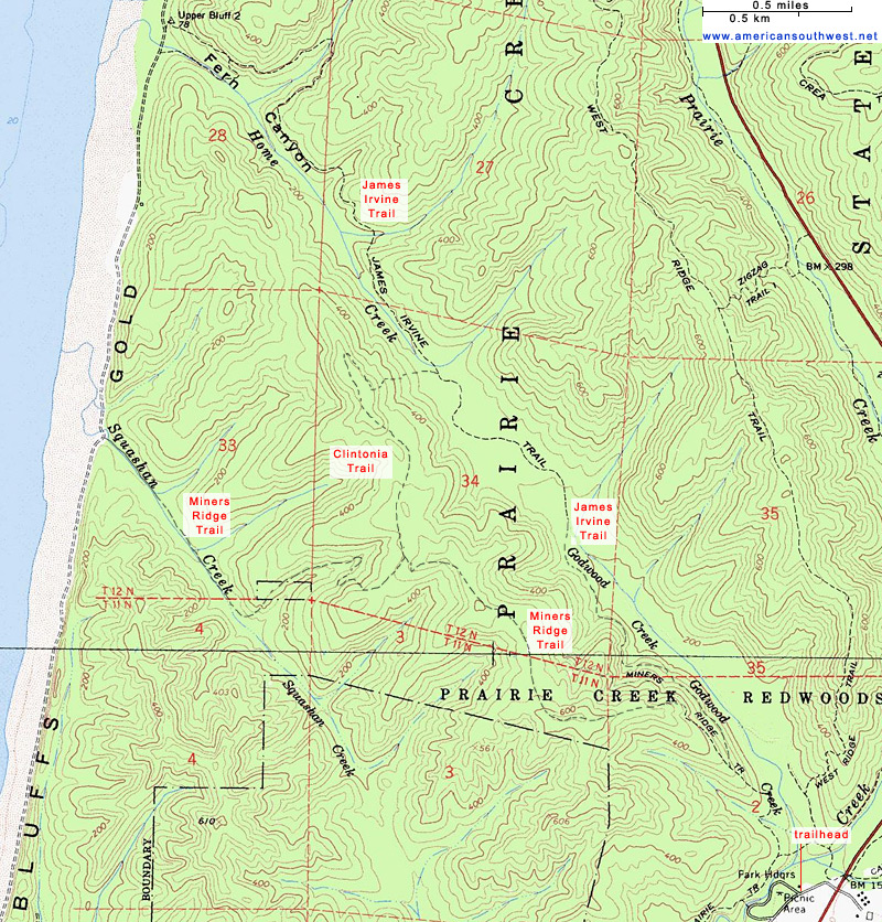 Prairie Creek Redwoods State Park Map Topographic Map Of The Miners Ridge And James Irvine Trails, Prairie Creek  Redwoods State Park, California