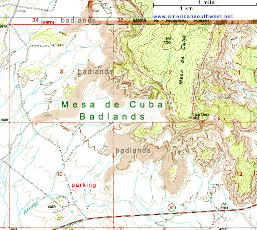 Topographic map of the Mesa de Cuba Badlands
