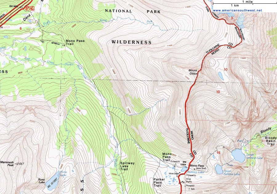 Map of the Mono Pass Trail