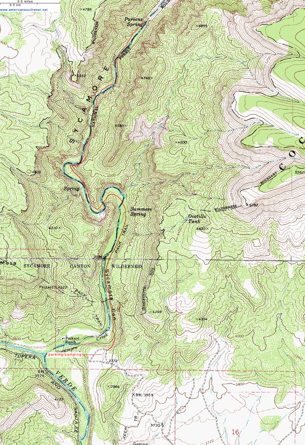 Topographic Map of the Parsons Trail, Sycamore Canyon