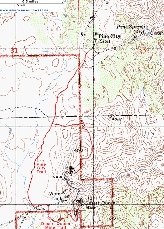 Topo map of Pine City and Desert Queen Mine