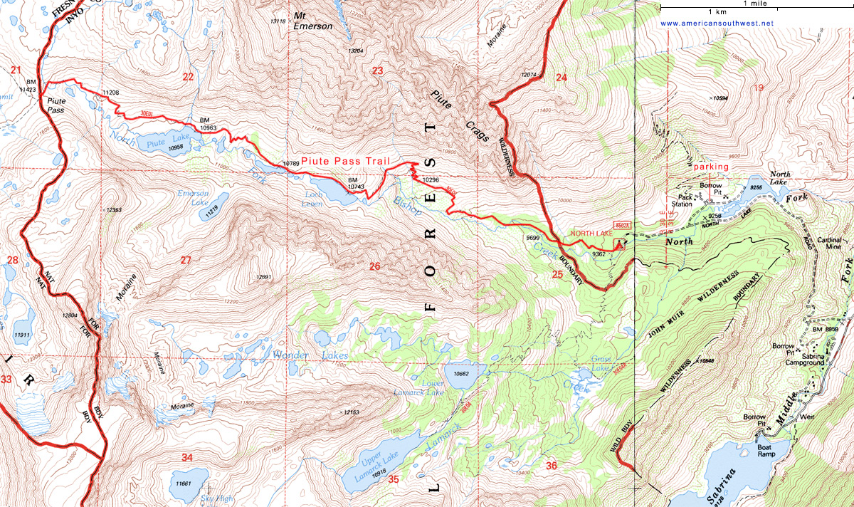 Map of the Piute Pass Trail