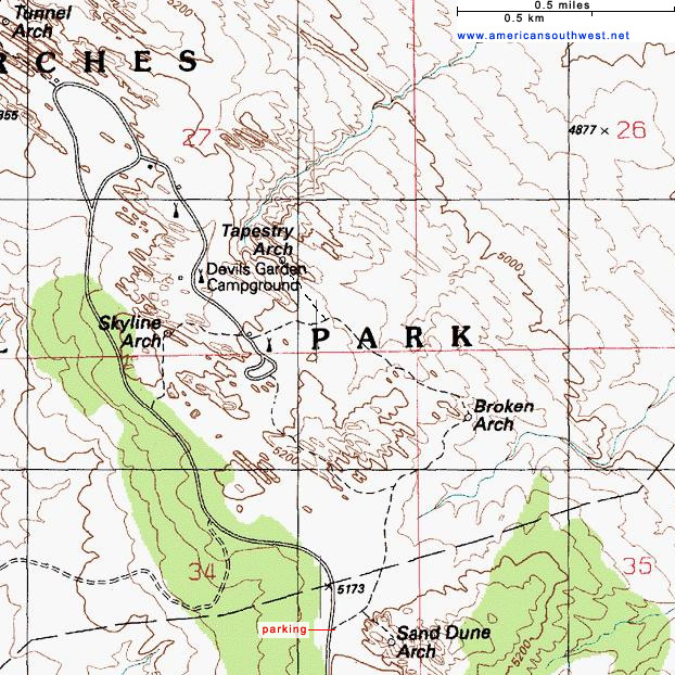 Map of Sand Dune, Broken, Tapestry and Skyline Arches