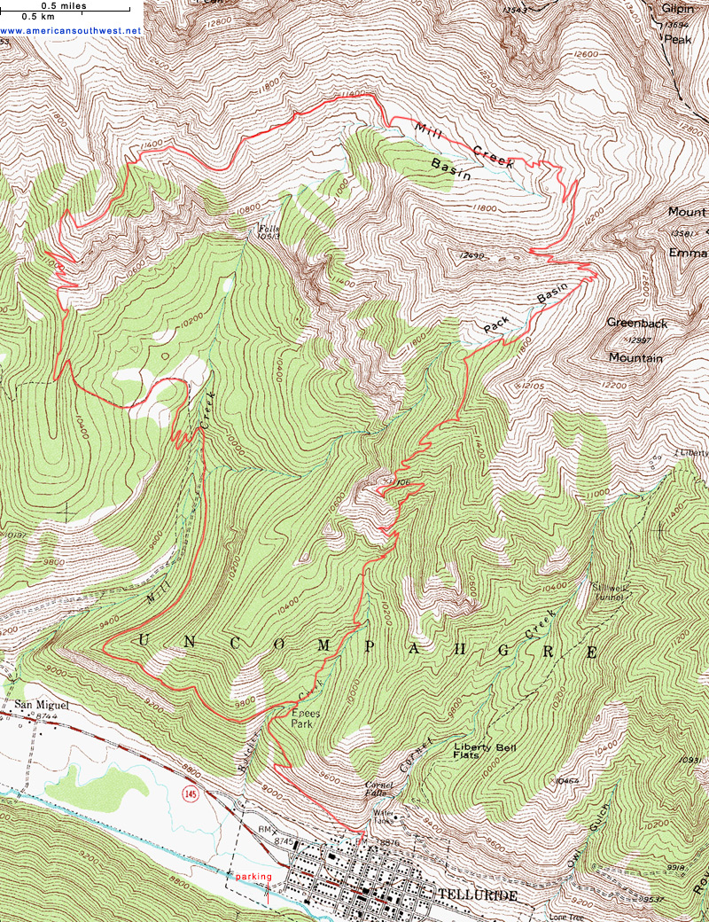 Topo Map of the Sneffels Highline Trail