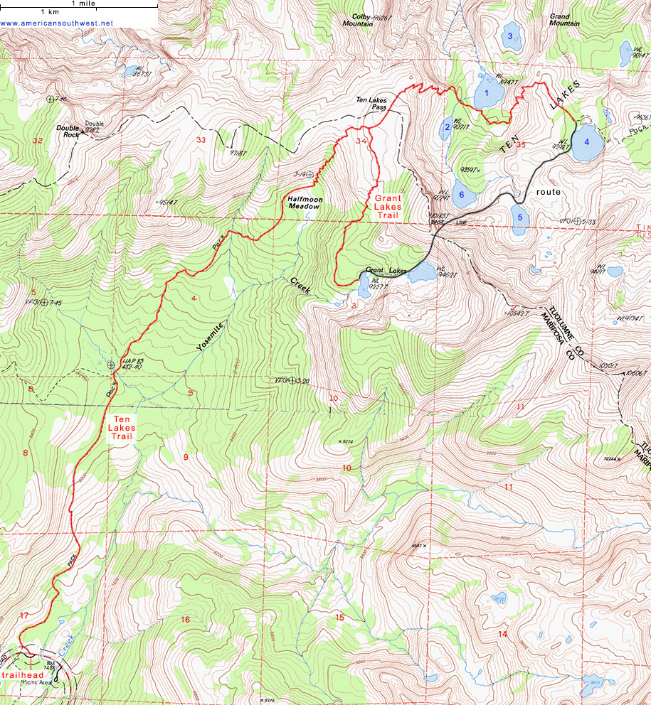 Map of the Ten Lakes and Grant Lakes trails