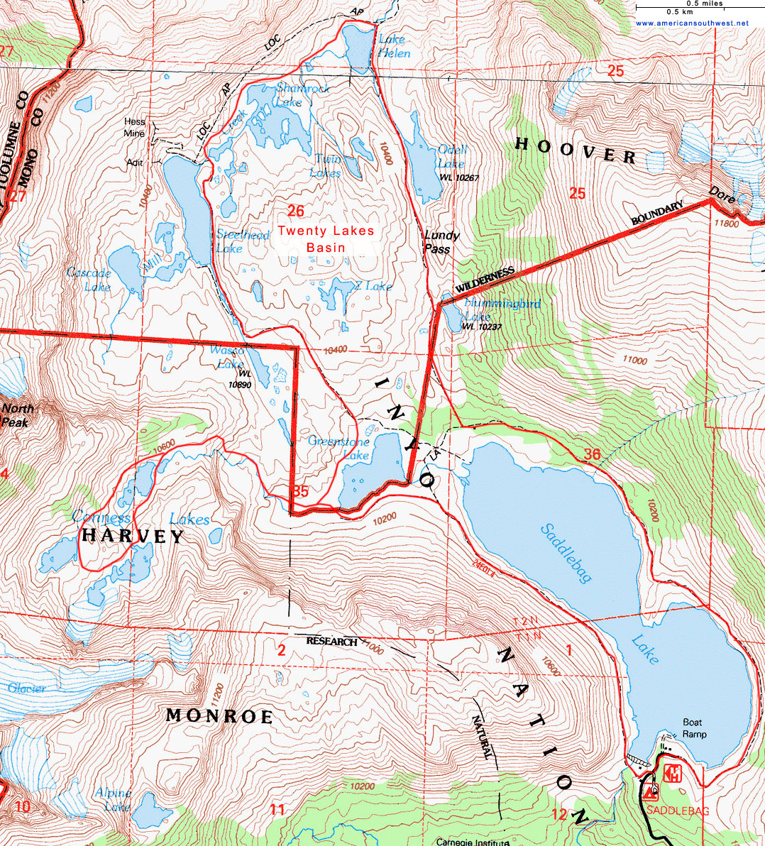 Map of the Conness Lakes and Twenty Lakes Basin