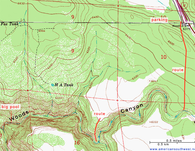Topographic Map of Upper Woods Canyon