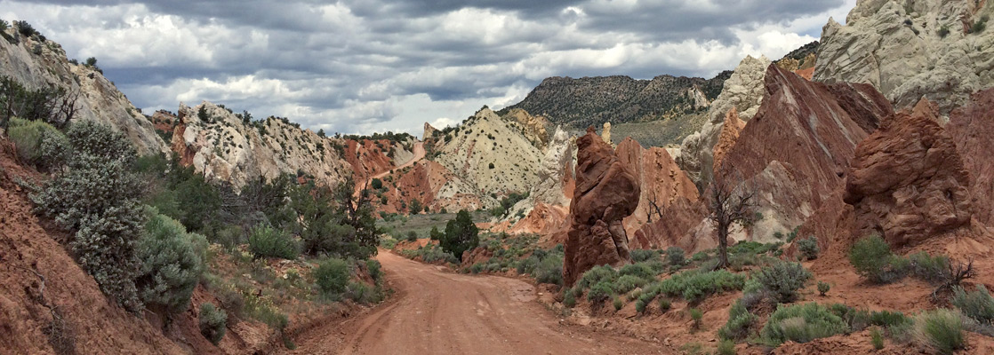 Cottonwood Canyon Road, past the jagged strata of the Coxcomb