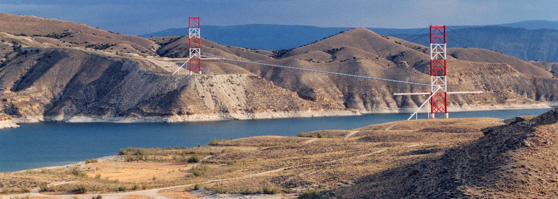 Pipeline bridge over Flaming Gorge Reservoir, near the end of FR 150