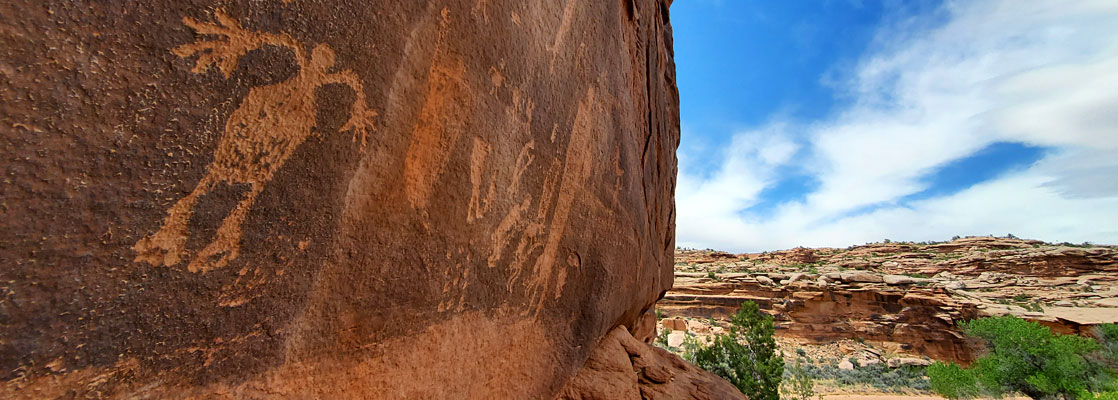 Varied petroglyphs on a north-facing cliff